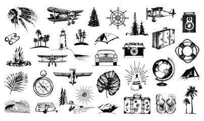 Travel icons set, outdoor adventures drawn symbols