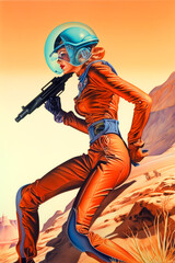 Fototapeta premium young female wearing a flight suit on an alien landscape, sf poster from 50s, ai generative