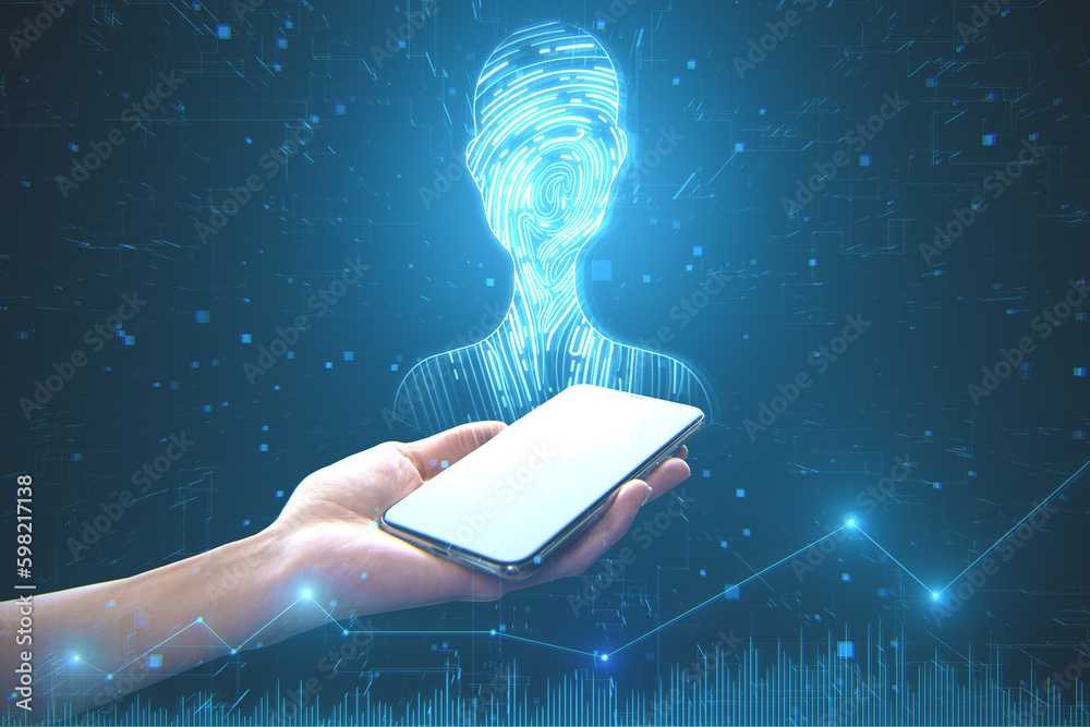 Poster close up of female hand holsing empty white smartphone with abstract digital fingerprint man or pers
