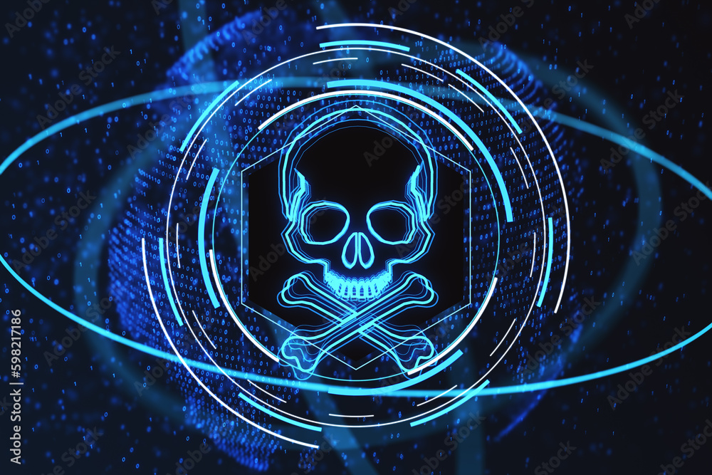 Poster Glowing blue skull hologram on blurry dark backdrop. Hacker system or cyber attack concept. Landing page. 3D Rendering.