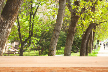 Naklejka na ściany i meble light wooden table on blurred nature bokeh background