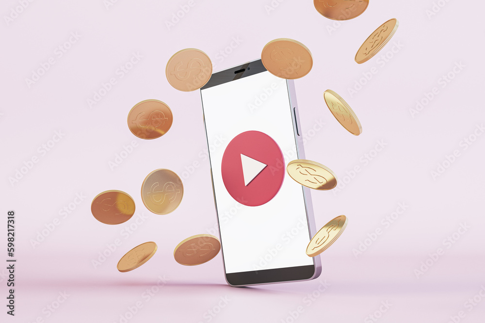Aufkleber Abstract image of cellphone screen with play button and golden doller coins rain on light background. Cash back and gambling concept. 3D Rendering.