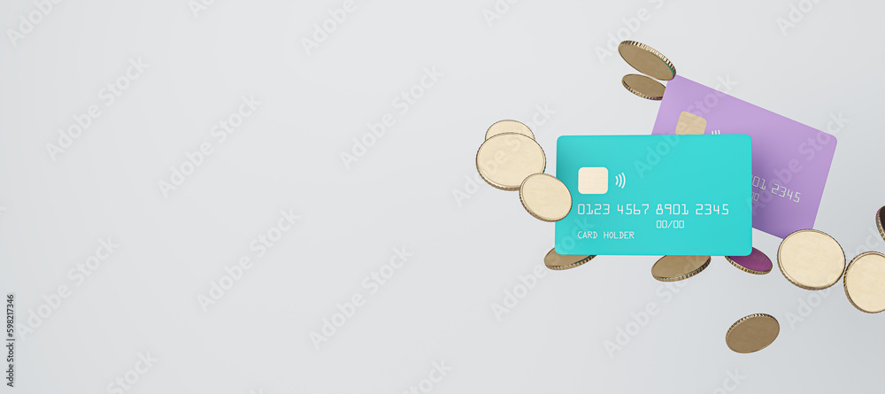 Poster top view of colorful credit or debit bank card and golden coins on wide light background with mock u