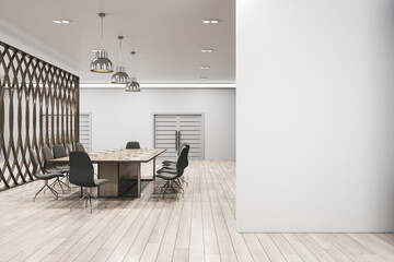 Modern wooden and concrete conference room with blank white mock up place on wall, partitions and daylight. Law and legal, commercial concept. 3D Rendering.