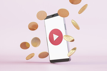 Abstract image of cellphone screen with play button and golden doller coins rain on light background. Cash back and gambling concept. 3D Rendering.