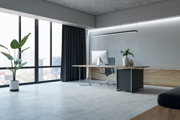 Light concrete and wooden office interior with curtain, window with city view, workspace and furniture. 3D Rendering.