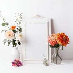 white frame with flowers on white background mockup