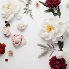 Fototapeta na wymiar white frame with flowers on white background mockup