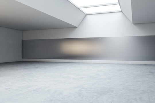 Clean exhibition hall interior with mock up place and concrete flooring. 3D Rendering.
