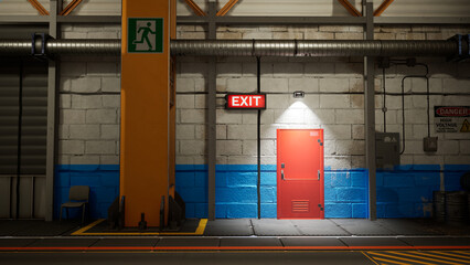 工場内の通路に面した非常口