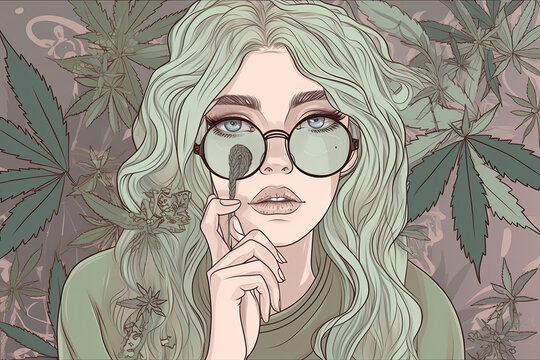 Pale girl with marijuana leaves and alien antennae. Stoner and psychedelic conceptual art with cannabis leaves