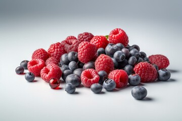 Blueberries and raspberries on a white background. Generative AI