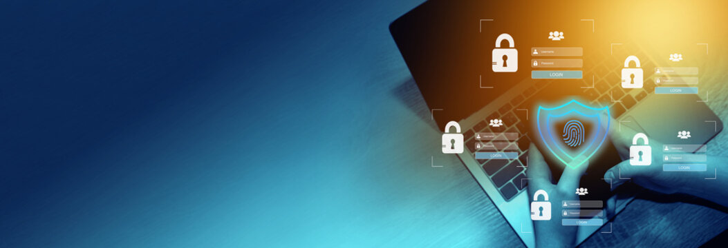 Cyber, personal data, privacy and information security. Internet networking  protection security system concept. Padlock icon on tech code background. Banner. Copy space.