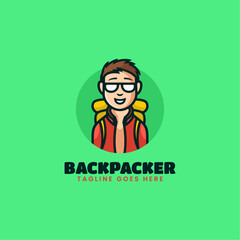 Vector Logo Illustration Backpacker Mascot Cartoon Style.