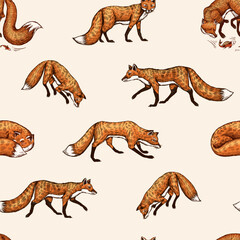 Wild red fox seamless pattern. Forest ginger animal flying and jumping. Vector Engraved hand drawn Vintage sketch for label or poster. Generative AI