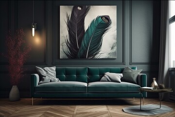 Sofa and feather art in living space. Generative AI