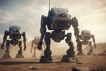 invasion of military robots. Dramatic apocalypse super realistic concept. Future. 3d rendering. - obrazy, fototapety, plakaty