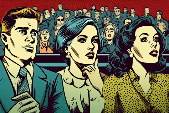 Retro group of people are watching on the silver screen. Pop art retro