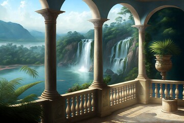 Balcony with a view of a waterfall
