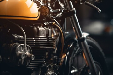 Obraz na płótnie Canvas Description of a specialized motorbike featuring customized components like headlight, gas tank, wheel, and metal. Generative AI