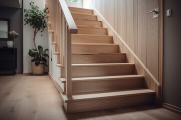 Contemporary wooden stairs from natural ash in new home. Generative AI