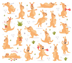Funny Kangaroo Marsupial Animal Engaged in Different Activity Vector Set