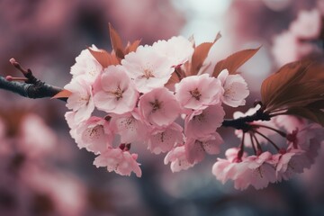 A dreamy image of pink cherry blossom flowers with a hazy effect. Generative AI