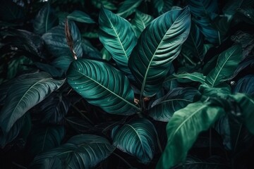 Naklejka na ściany i meble Tropical leaves texture Abstract nature leaf background. Dark green close up of leaf. AI Generated