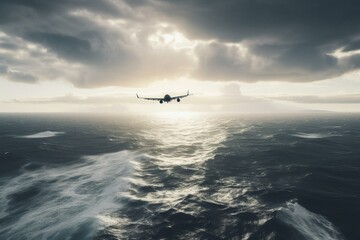 Aircrafts fly above ocean. Generative AI