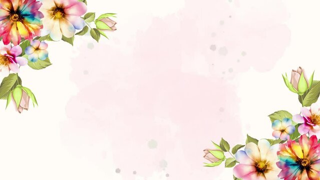 Watercolor beautiful floral bloom animation of colorful flowers banner. Animated 4K blooming flowers background frame loop.