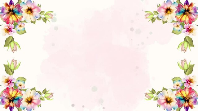 Watercolor beautiful floral bloom animation of colorful flowers banner. Animated 4K blooming flowers background frame loop.