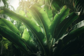 Tropical green banana leaves in a watercolor style with a sunny background. Generative AI