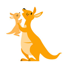 Cute Brown Kangaroo Marsupial Character with Joey Holding with Paws Vector Illustration