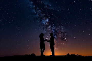 Fototapeta premium Silhouette of a romantic young couple with the man proposing at night against beautiful starry sky