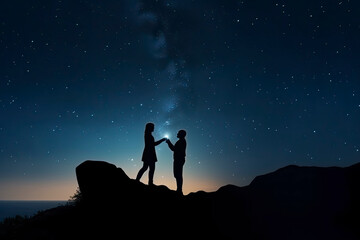 Fototapeta premium Silhouette of a romantic young couple with the man proposing at night against beautiful starry sky