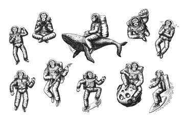 Obraz premium Monkey astronaut with whale, guitar, skateboard and moon. Chimpanzee spaceman cosmonaut characters set. Astronomical galaxy space. Funny cosmonaut explore adventure.Hand drawn old sketch Generative AI