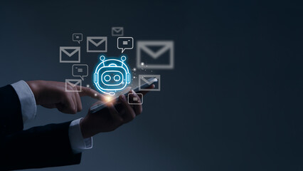 Fototapeta premium ChatGPT,Chat bot.Chat with AI or Artificial Intelligence. Young businessman chatting with a smart AI,developed by OpenAI generate. Futuristic technology, robot in online system.