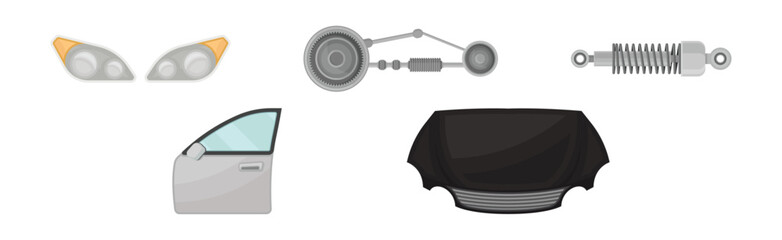 Car and Auto Spare Parts with Mounting, Door, Bumper and Headlamp Vector Set © Happypictures