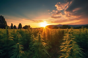 Sunset Cannabis Field. Marijuana Plants. - obrazy, fototapety, plakaty