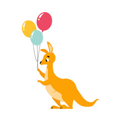Cute Brown Kangaroo Marsupial Character with Pouch Holding Bunch of Balloons Vector Illustration