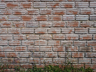 Texture of old brick wall with grass underneath as a background for interior, exterior decoration and design.