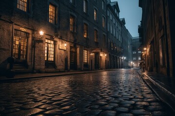 Twilight scene of iconic cobblestone streets in Old Montreal. Generative AI