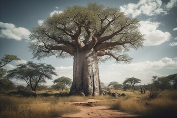 Fototapeta na wymiar A solitary, gigantic baobab tree. Generative AI