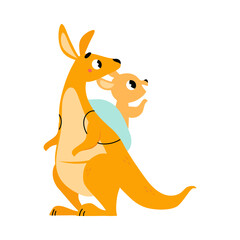 Cute Brown Kangaroo Marsupial Character with Joey Sitting in the Bag Vector Illustration
