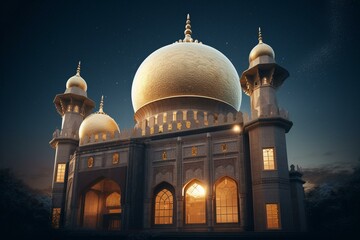 3D rendering of mosque with golden moon and star decoration. Generative AI
