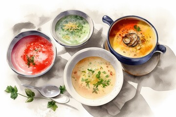 Illustration of one soup and three dishes painted in watercolors. Generative AI