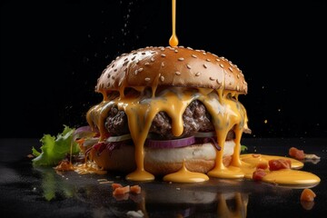 Beef burger with melted cheese, flying sauce, and fixings. Generative AI