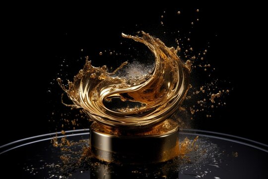 Gold liquid spiral splash with metallic jet and abstract swirling waves on a black background. Suitable for luxury cosmetics ingredients and artistic designs. Generative AI