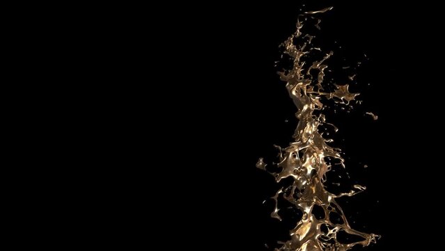Abstract realistic 3D gold liquid flowing on black background with alpha matte chanel. Close up of golden liquid swirl. Cosmetic ads. Computer render of shiny pouring gold liquid.