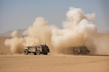 Obraz na płótnie Canvas Truck based anti aircraft missile launchers fire in the desert.